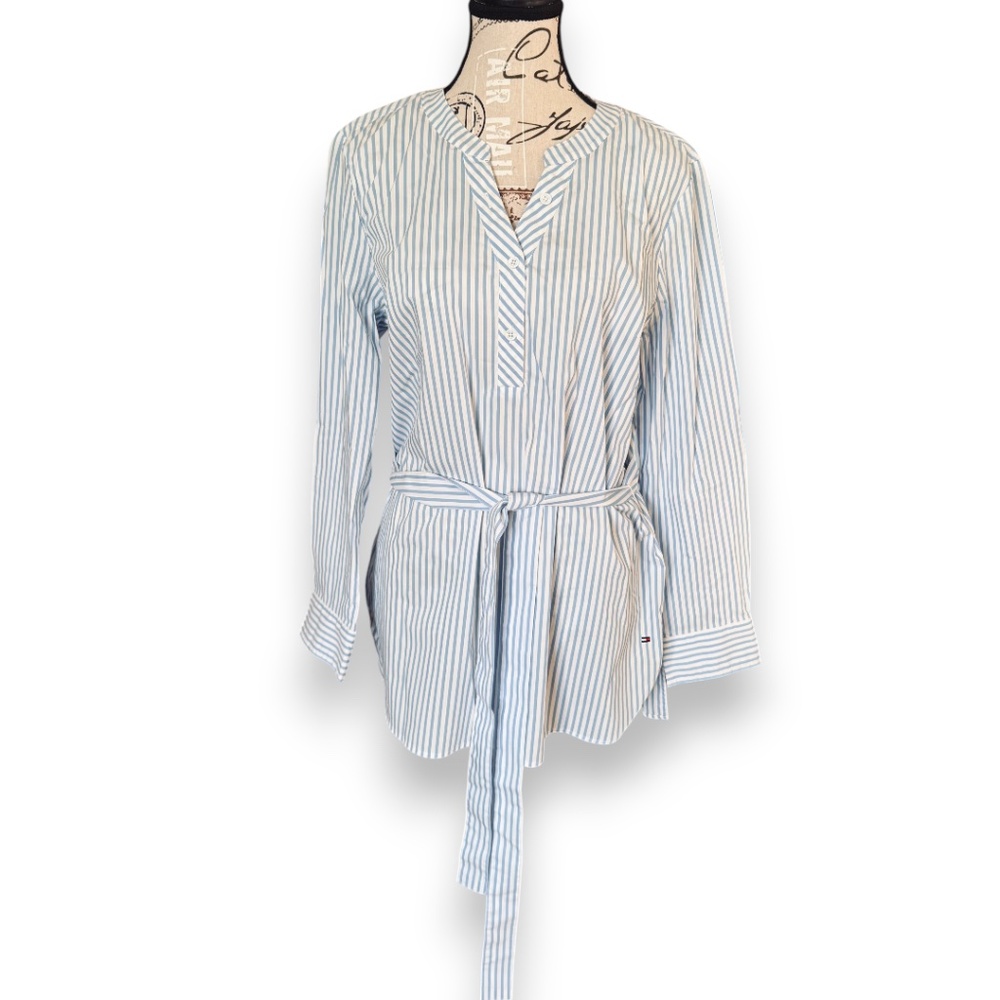 Tommy Hilfiger Blue & White Striped Tie-Waist Tunic Shirt Size L/G